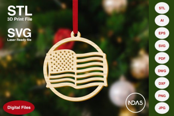 American Flag Christmas Ornament for 3D Print & Laser Cut
